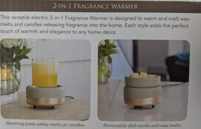 2-in-1 fragrance warmer with a candle on a warming plate and wax melts in a removable dish.