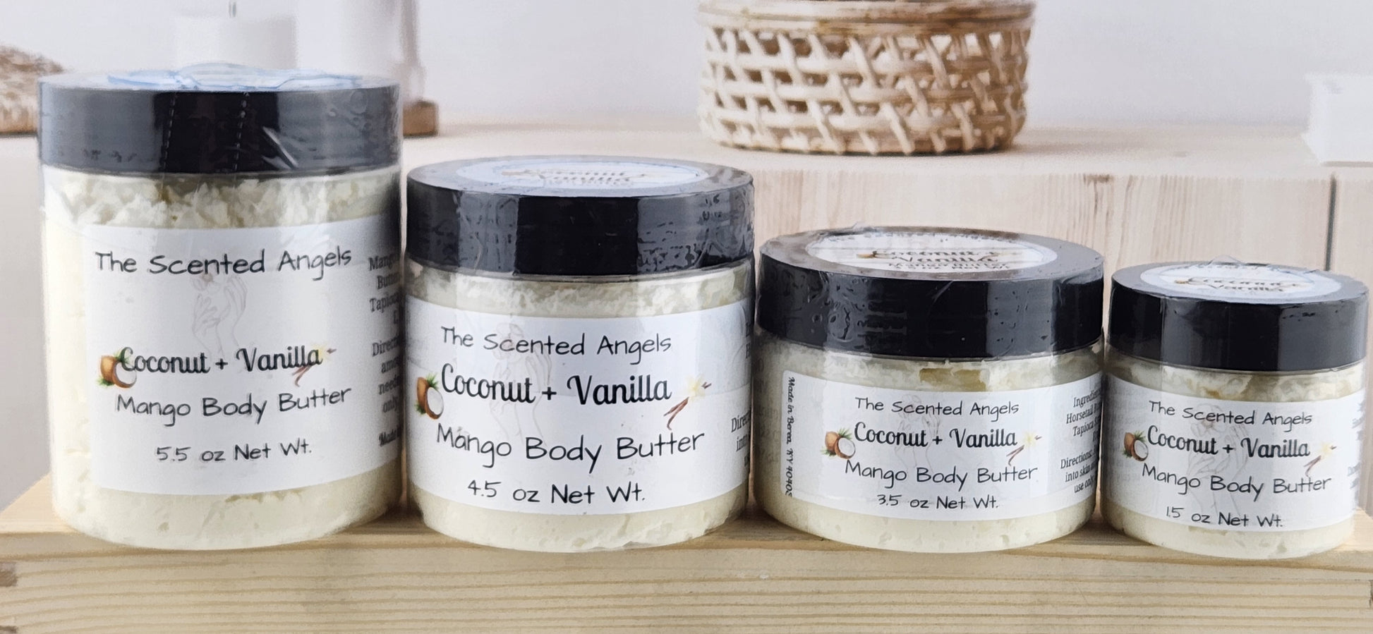 Whipped Body Butter - Coconut Vanilla Body Butter - all 4 sizes lined up next to each other