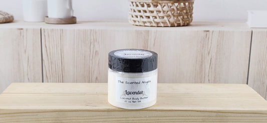 Lavender body butter - whipped coconut butter - cocoa body butter - front label - 1.5 oz