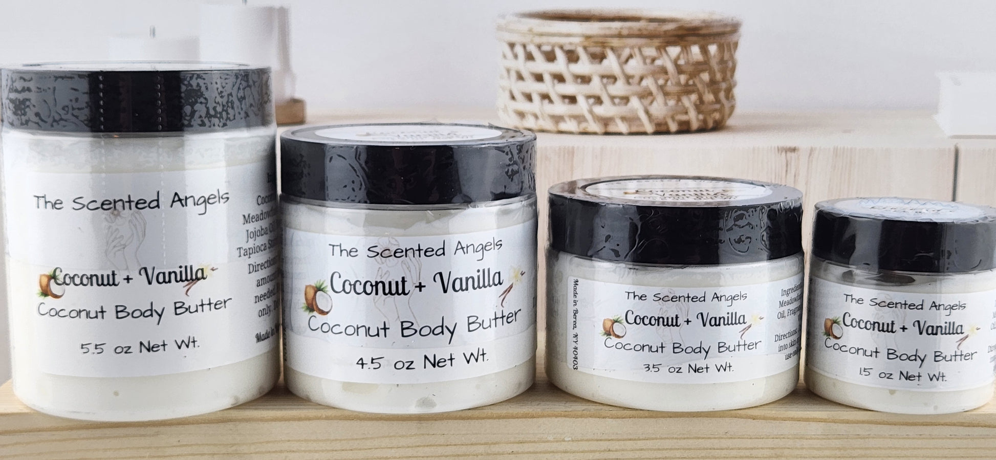 Whipped Body Butter - Cocoa Body Butter - all 4 sizes lined up next to each other