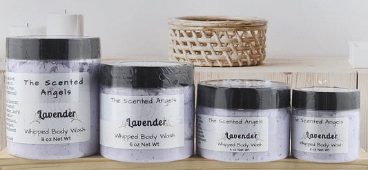 Lavender whipped body wash for women - all 4 sizes lined up next to each other