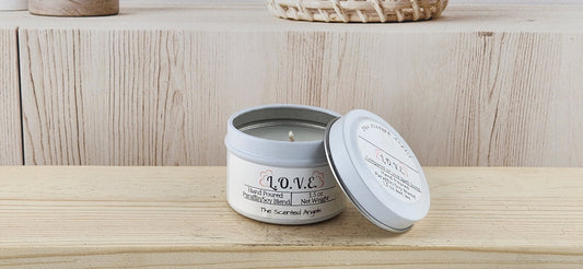 Love Spell strong scented white candle tins -  1.5 oz lid off