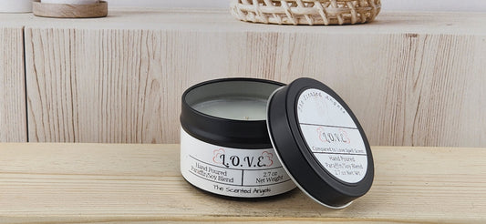 Love Spell strong scented black candle tins - 2.7 oz lid off