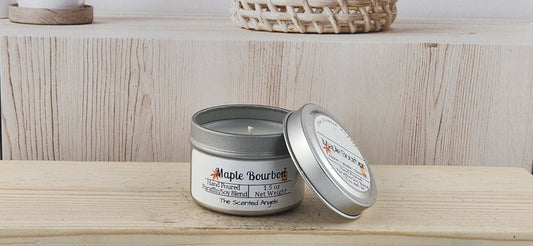 Maple Bourbon para/soy strong scented candle silver tins - 1.5 oz lid off