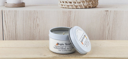 Maple Bourbon para/soy strong scent throw candle white tins - 1.5 oz lid off