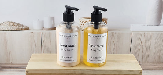 Island Nectar body lotion and body wash set together on wood surface