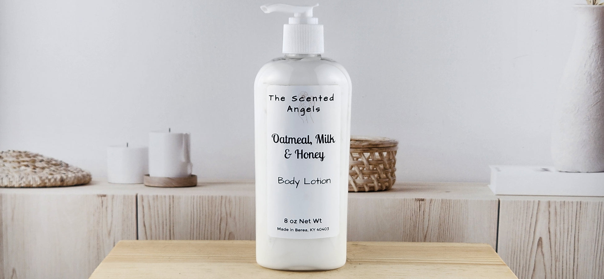 oatmeal honey body lotion front on wood surface