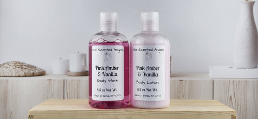 Pink Amber Body Wash and Lotion Set front label