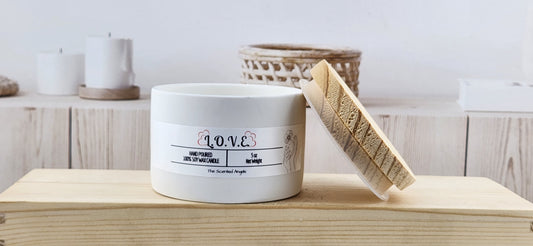 Love Spell Scented Soy Wax Candle - White Cement - front label lid off