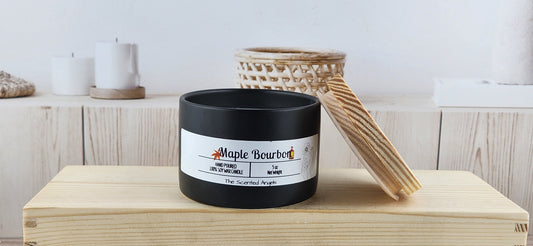 Maple Bourbon Black Cement Soy Candle - front label lid off