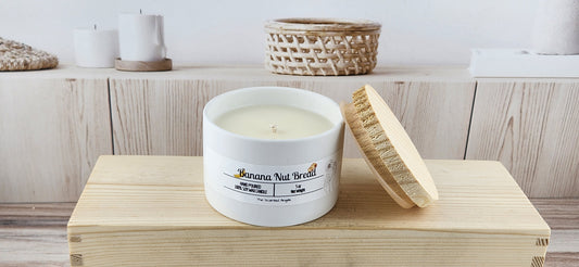 Banana Nut Bread Soy Wax Candle - White Cement - front label lid off