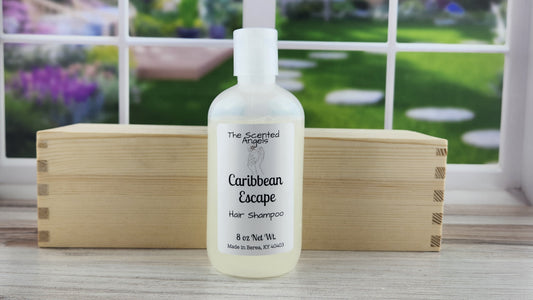 Caribbean Escape nourishing hair shampoo - front label window background