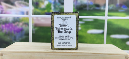 Lemon Scented soap - front label by window - green bar soap