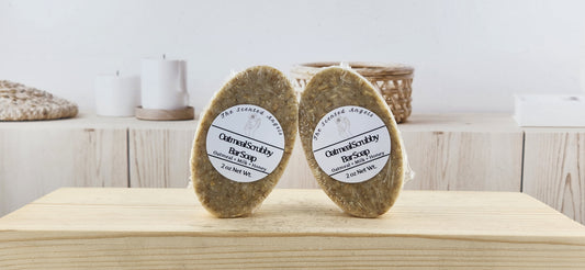 Oatmeal exfoliating bar soap - front label - two bars