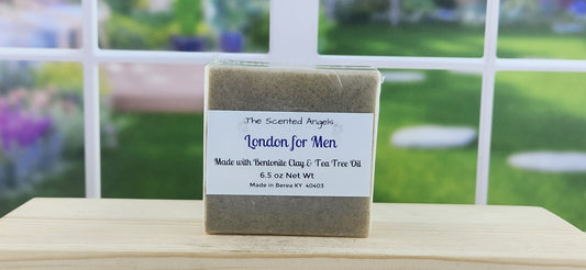 London For Men Clay & Tea Tree Bar Soap - front label window background