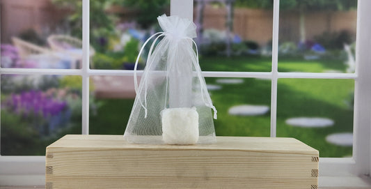 Vanilla Almond Salt Scrub Cube - single cube in organza bag