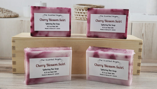 Cherry Blossom Swirl bar soap - all four bars front labels