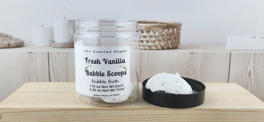 Fresh Vanilla Bubble Scoops Bubble Bath - jar on wood surface with one scoop in lid