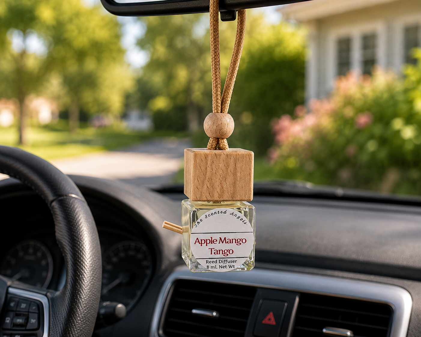 Apple Mango Tango handmade hanging car diffuser by The Scented Angels featuring a fresh laundry-inspired fragrance with peach, pineapple, apple, orange blossom, jasmine, rose, and soft floral notes.