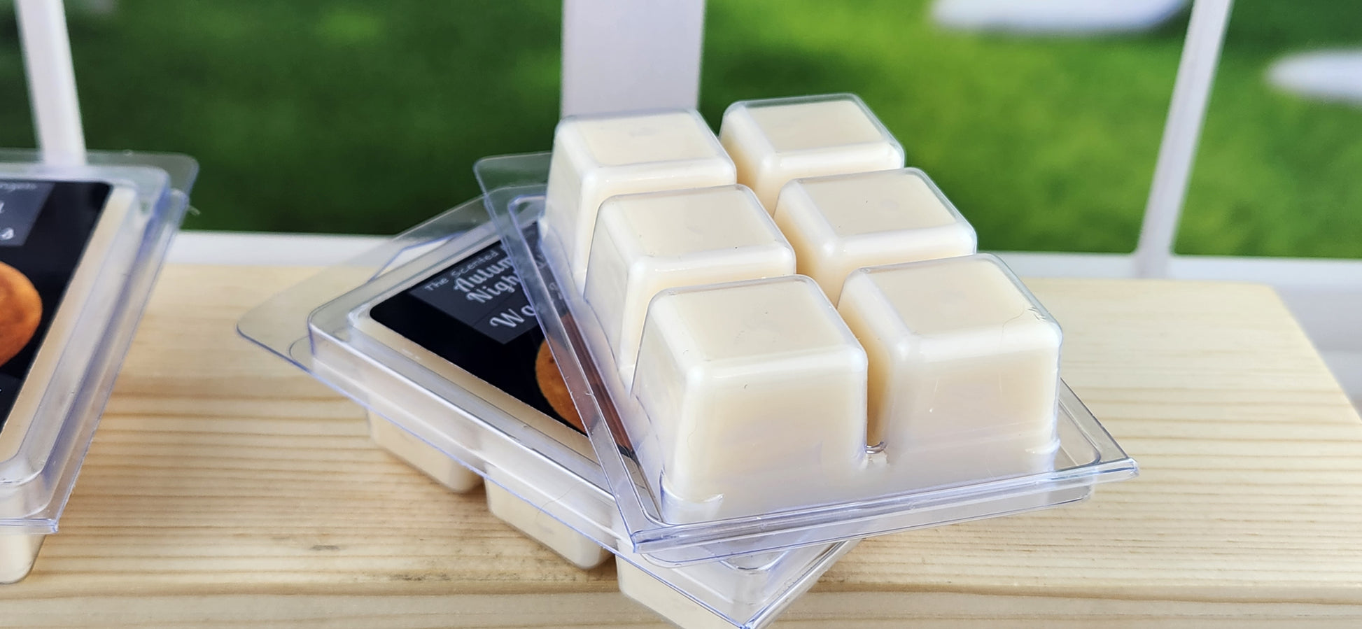 clamshell wax melts on wooden surface