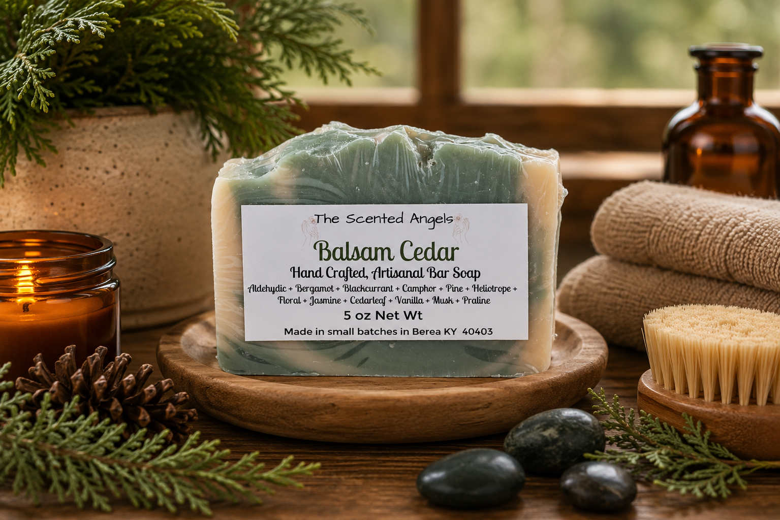 Handmade Balsam Cedar vegan artisan soap by The Scented Angels featuring natural cream and green artisan swirls in a small-batch handcrafted bar.