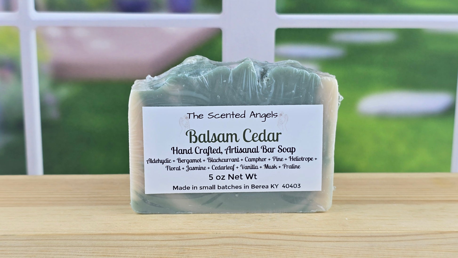 Handmade Balsam Cedar vegan artisan soap by The Scented Angels featuring natural cream and green artisan swirls in a small-batch handcrafted bar.
