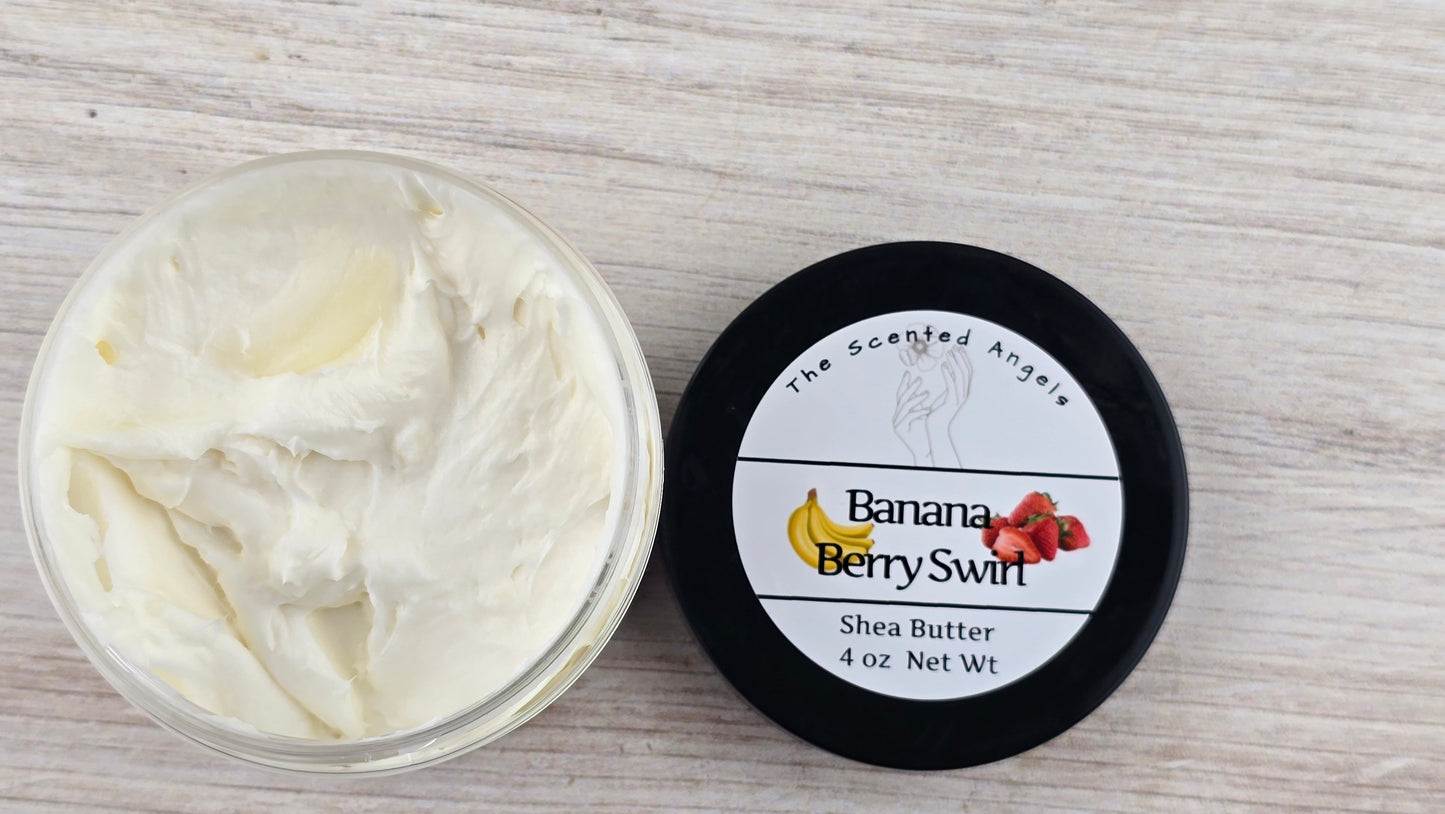 Banana Berry Swirl Whipped Shea Body Butter 4 oz open jar