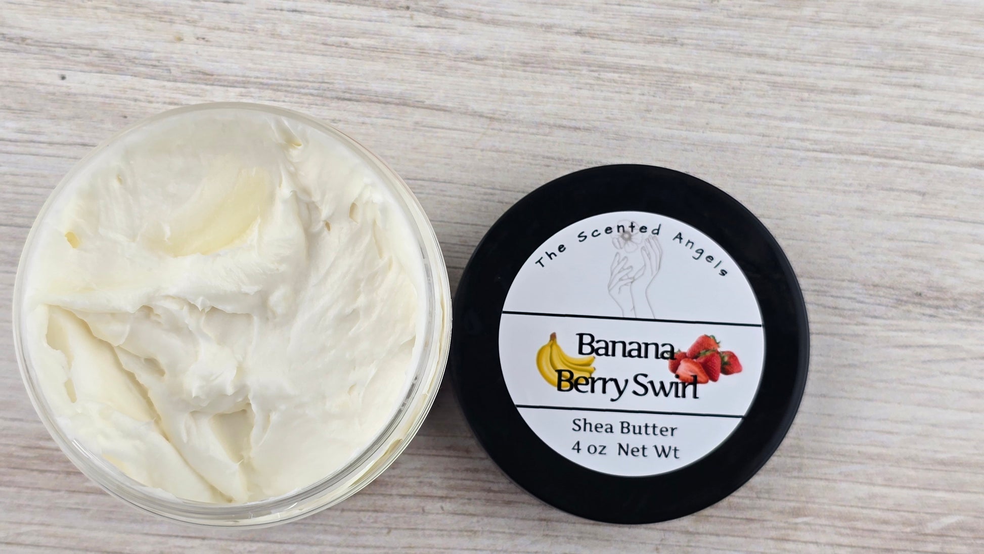 Banana Berry Swirl Whipped Shea Body Butter 4 oz open jar