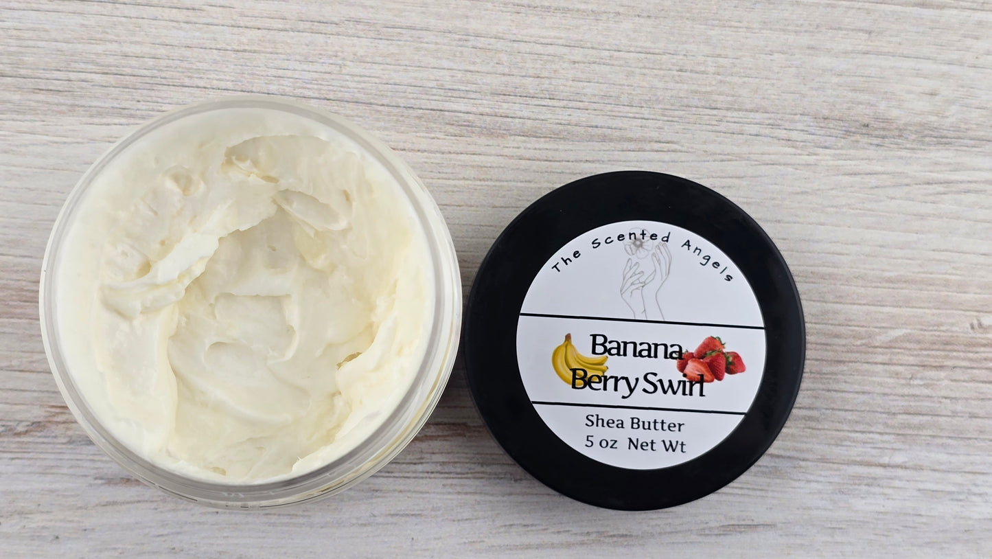 Banana Berry Swirl Whipped Shea Body Butter 5 oz open jar