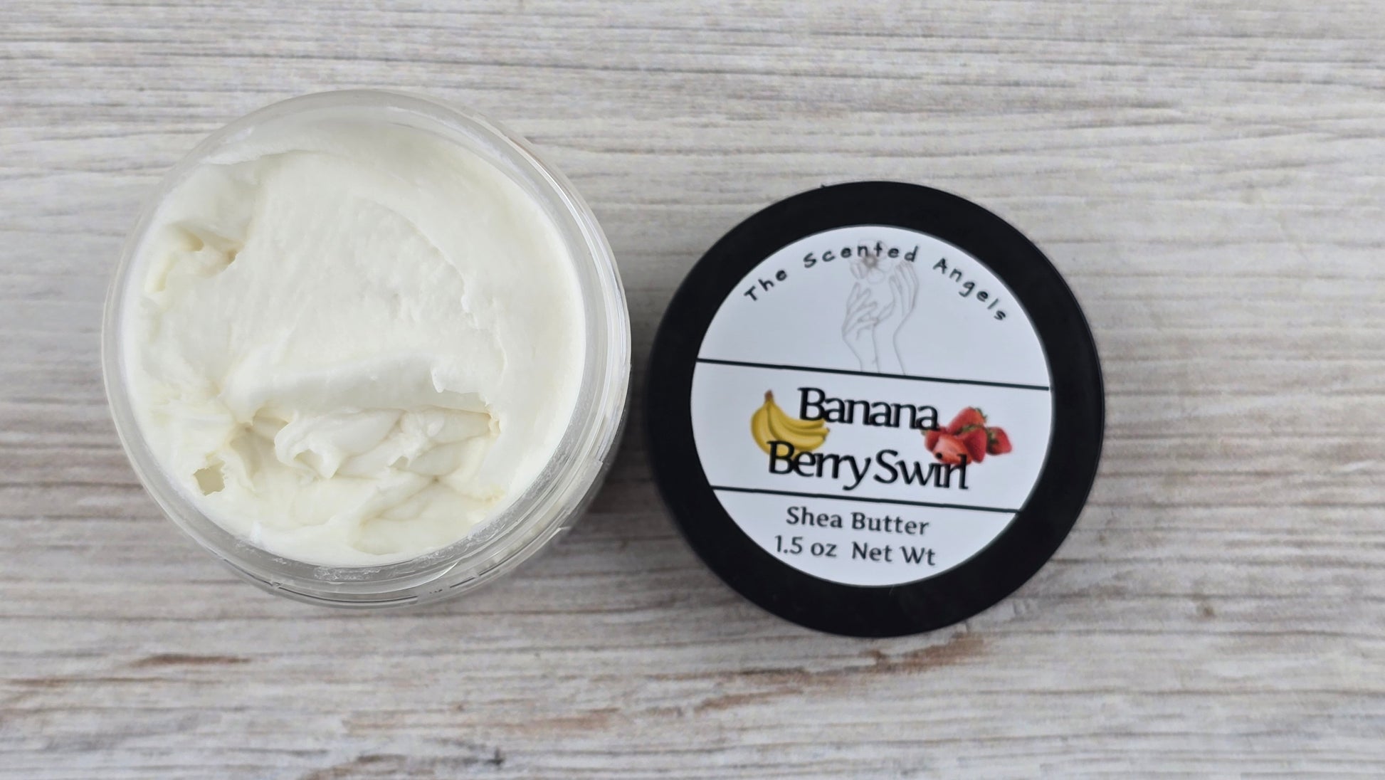 Banana Berry Swirl Whipped Shea Body Butter 1.5 oz open jar