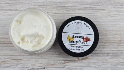Banana Berry Swirl Whipped Shea Body Butter 1.5 oz open jar