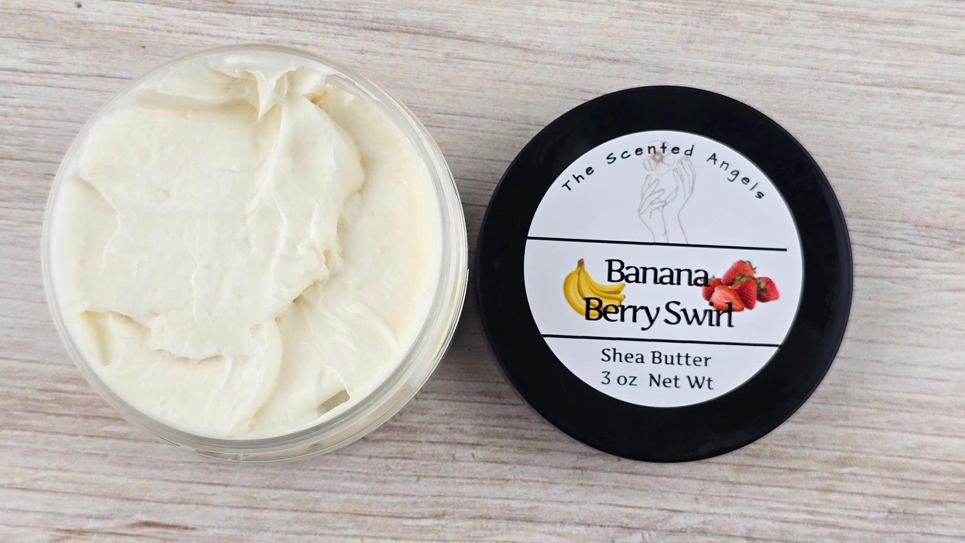 Banana Berry Swirl Whipped Shea Body Butter 3 oz open jar