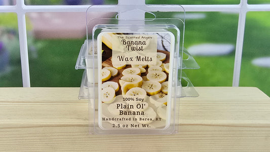 Packaged wax melts with banana flavor on a wooden surface