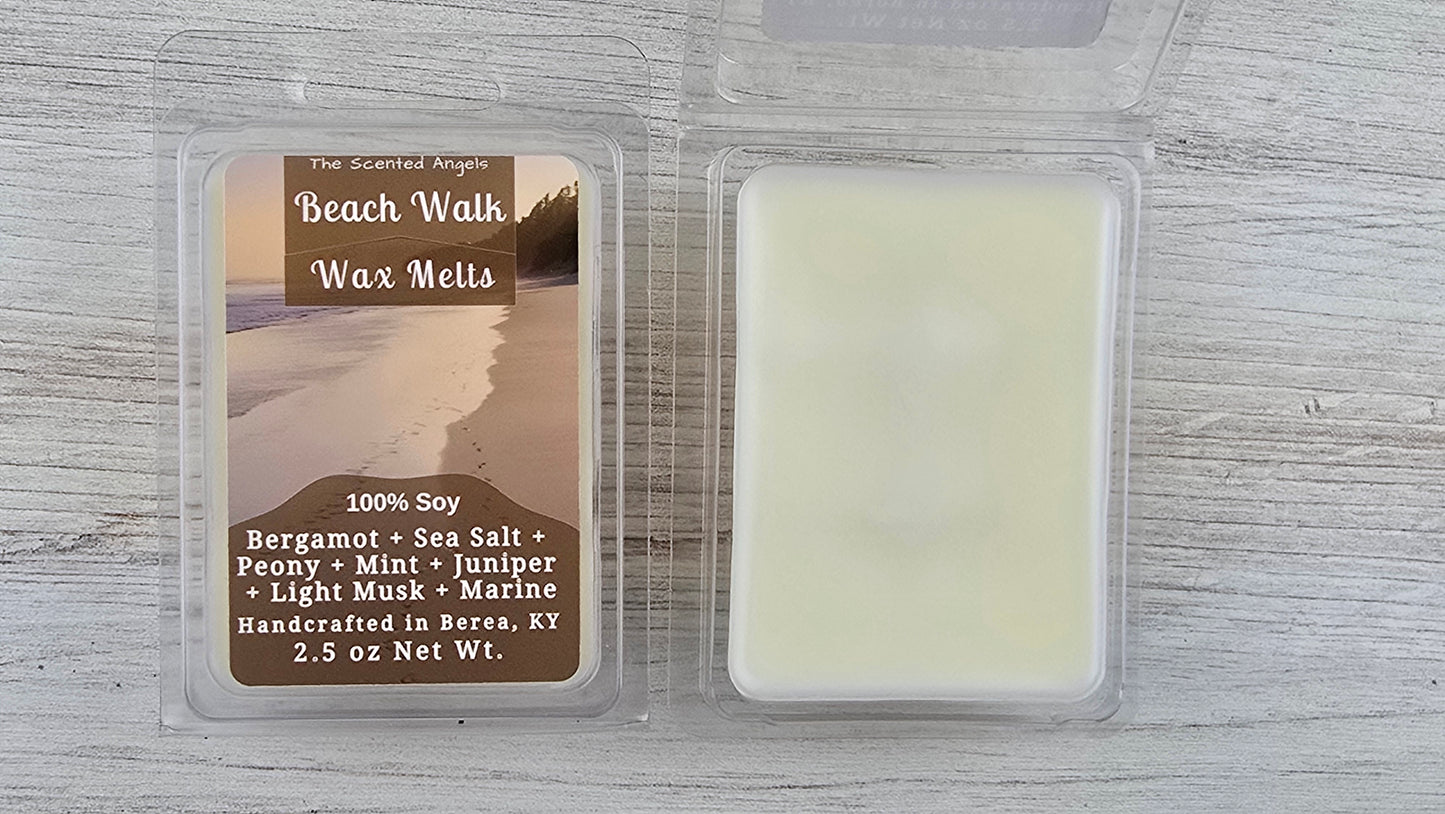 Beach Walk wax melt packaging with a scenic label on a wooden surface