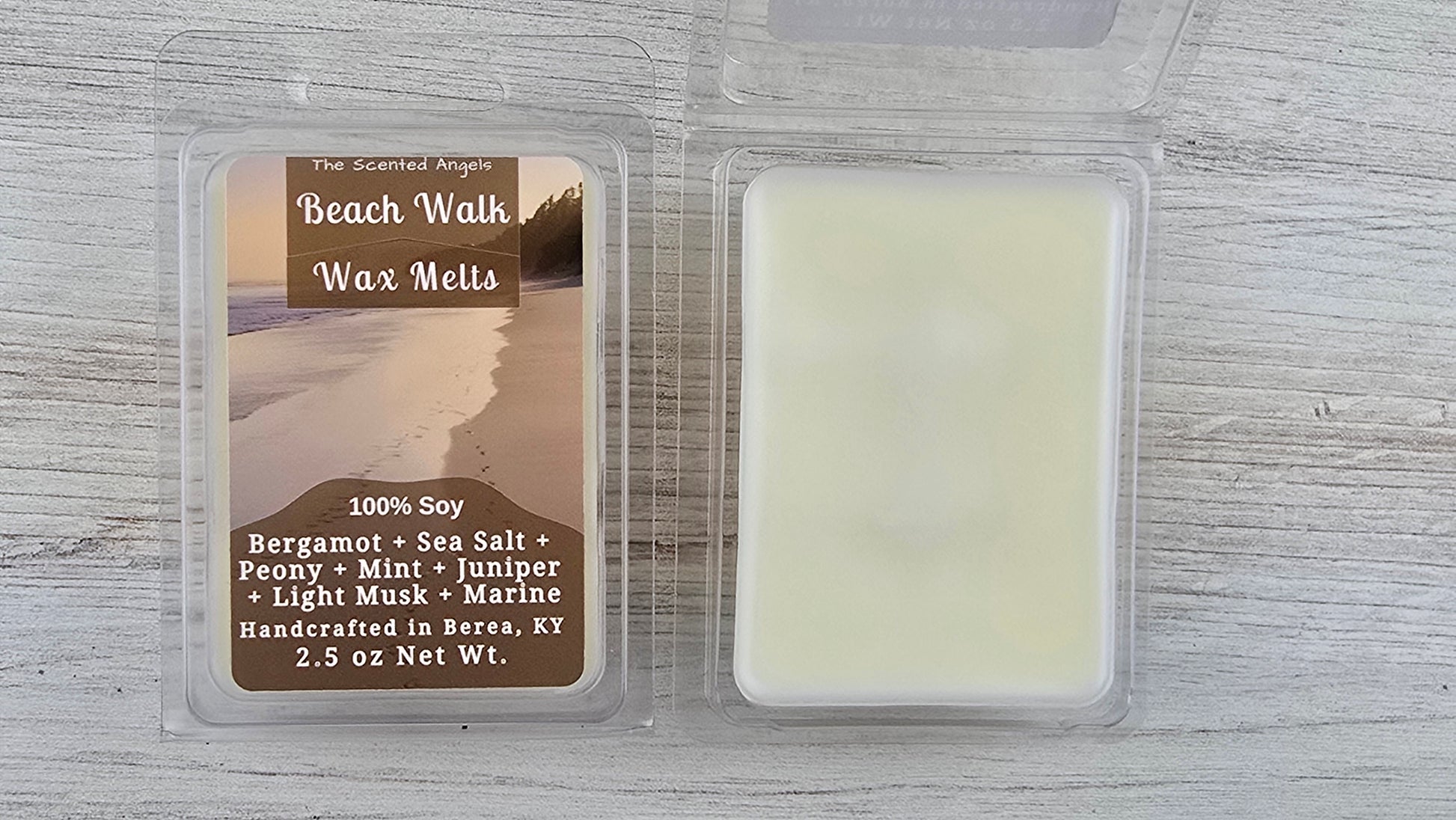 Beach Walk wax melt packaging with a scenic label on a wooden surface