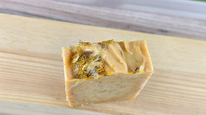 Top view of Blood Orange Dandelion Soap with dandelion flowers 