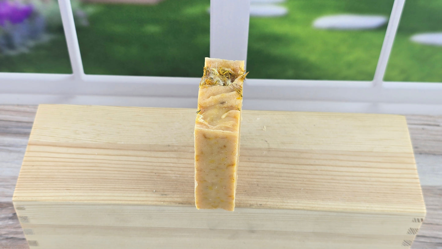 Blood Orange Dandelion Soap with a blurry background