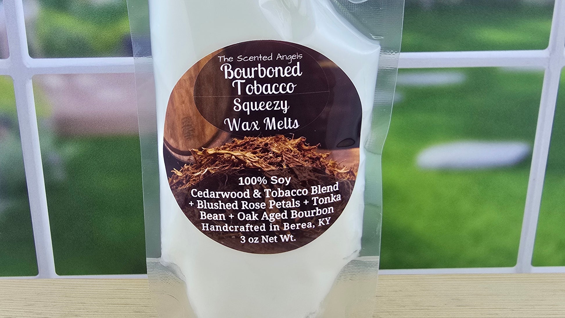 label of bourboned tobacco squeeze wax melt pouch