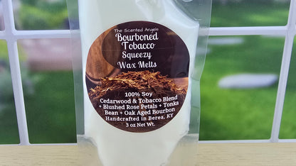 label of bourboned tobacco squeeze wax melt pouch