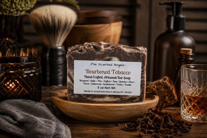 Handmade Bourboned Tobacco vegan artisan soap by The Scented Angels featuring natural cream and brown artisan swirls in a small-batch handcrafted bar.