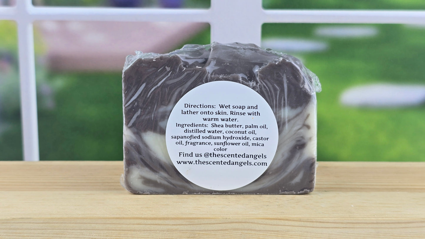 Handmade Bourboned Tobacco vegan artisan soap by The Scented Angels featuring natural cream and brown artisan swirls in a small-batch handcrafted bar.