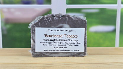 Handmade Bourboned Tobacco vegan artisan soap by The Scented Angels featuring natural cream and brown artisan swirls in a small-batch handcrafted bar.