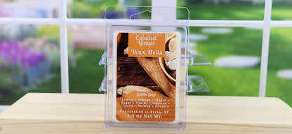 Candied Ginger wax melts packaging with a blurred outdoor background