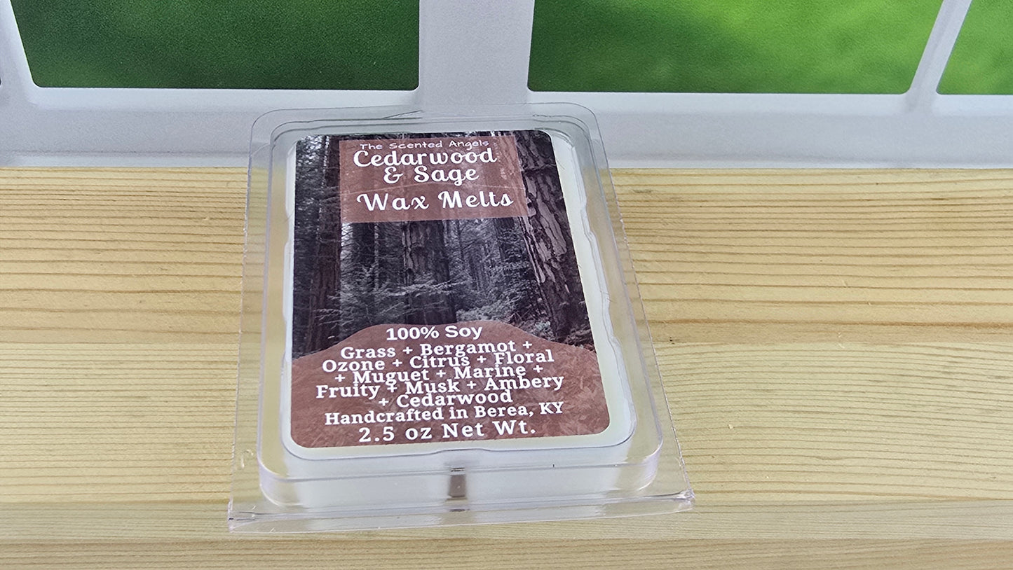 Cedarwood & Sage wax melt packaging on a wooden surface with a window in the background