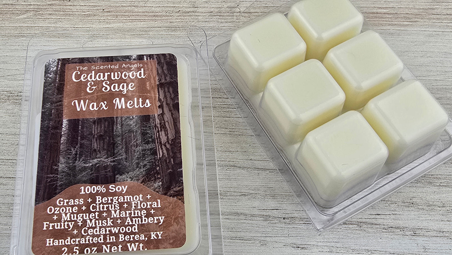Cedarwood & Sage wax melts packaging with wax melts on a wooden surface