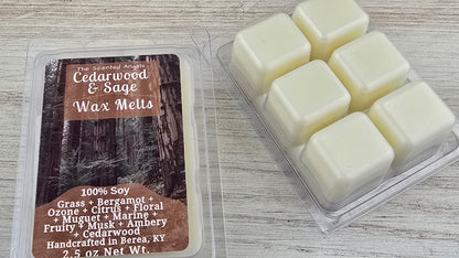Cedarwood & Sage wax melts packaging with wax melts on a wooden surface