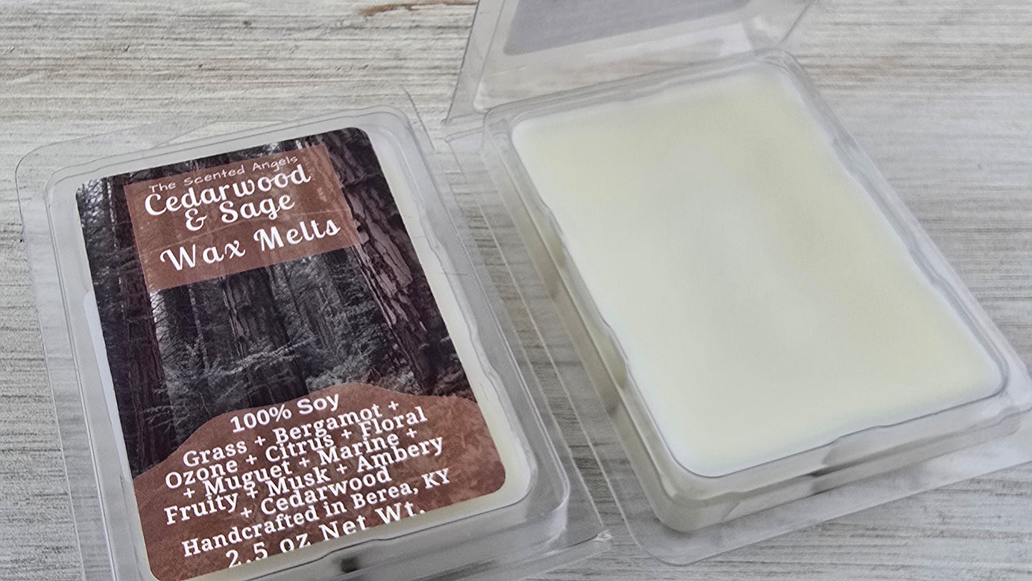 Cedarwood & Sage wax melt packaging on a wooden surface