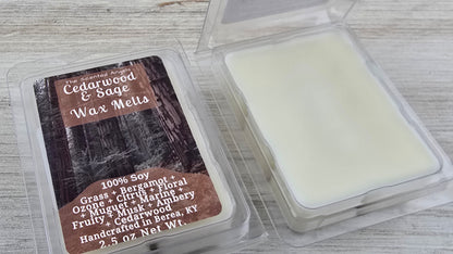 Cedarwood & Sage wax melt packaging on a wooden surface