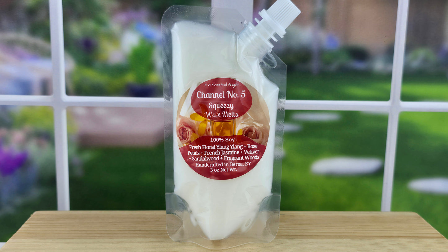 Channel No. 5 perfume-inspired handmade wax melts by The Scented Angels in clamshell and Squeeze Wax™, featuring ylang-ylang, rose, jasmine, vetiver, sandalwood, and fragrant woods.