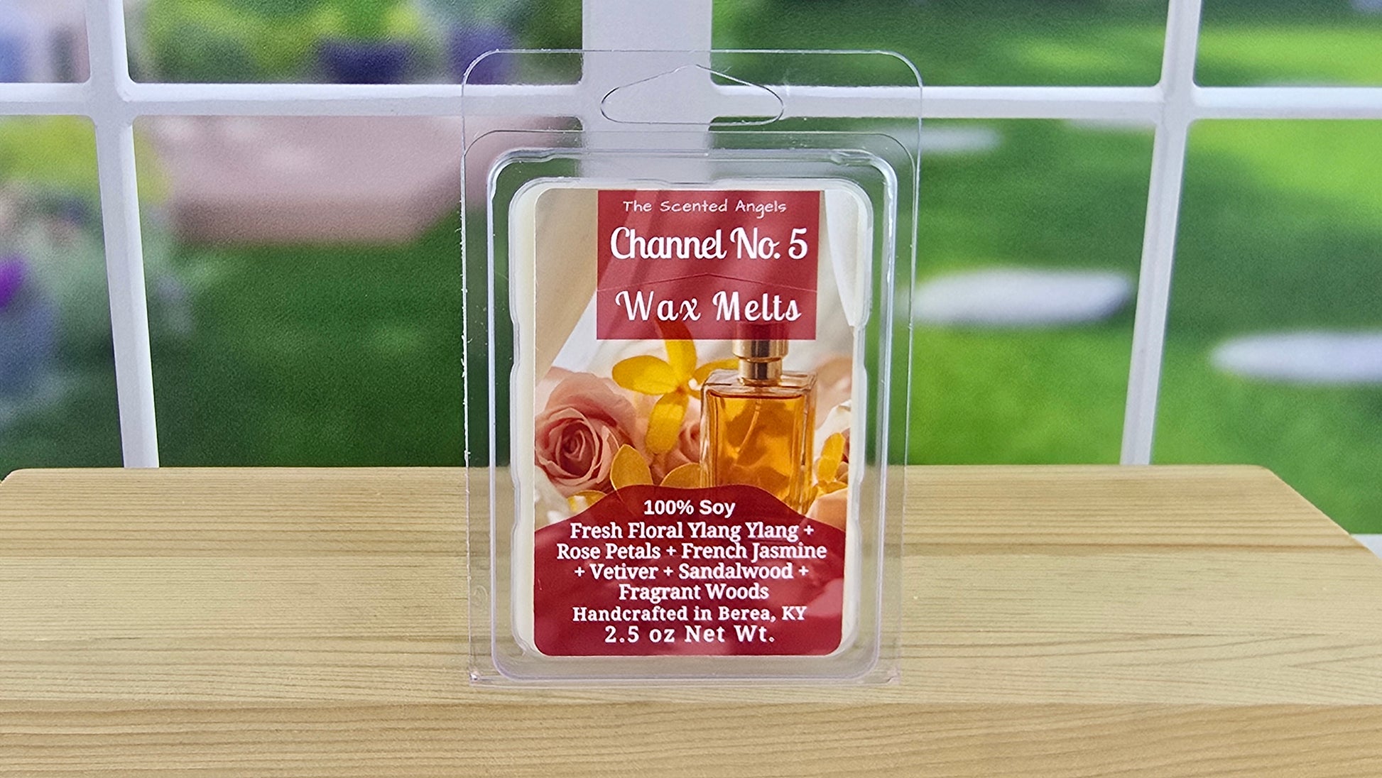 Channel No. 5 perfume-inspired handmade wax melts by The Scented Angels in clamshell and Squeeze Wax™, featuring ylang-ylang, rose, jasmine, vetiver, sandalwood, and fragrant woods.